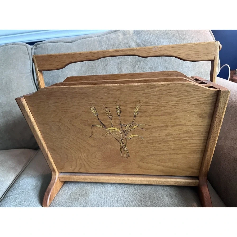 Vintage Oak Wooden Magazine Rack With Handle Adjustable Wheat Design